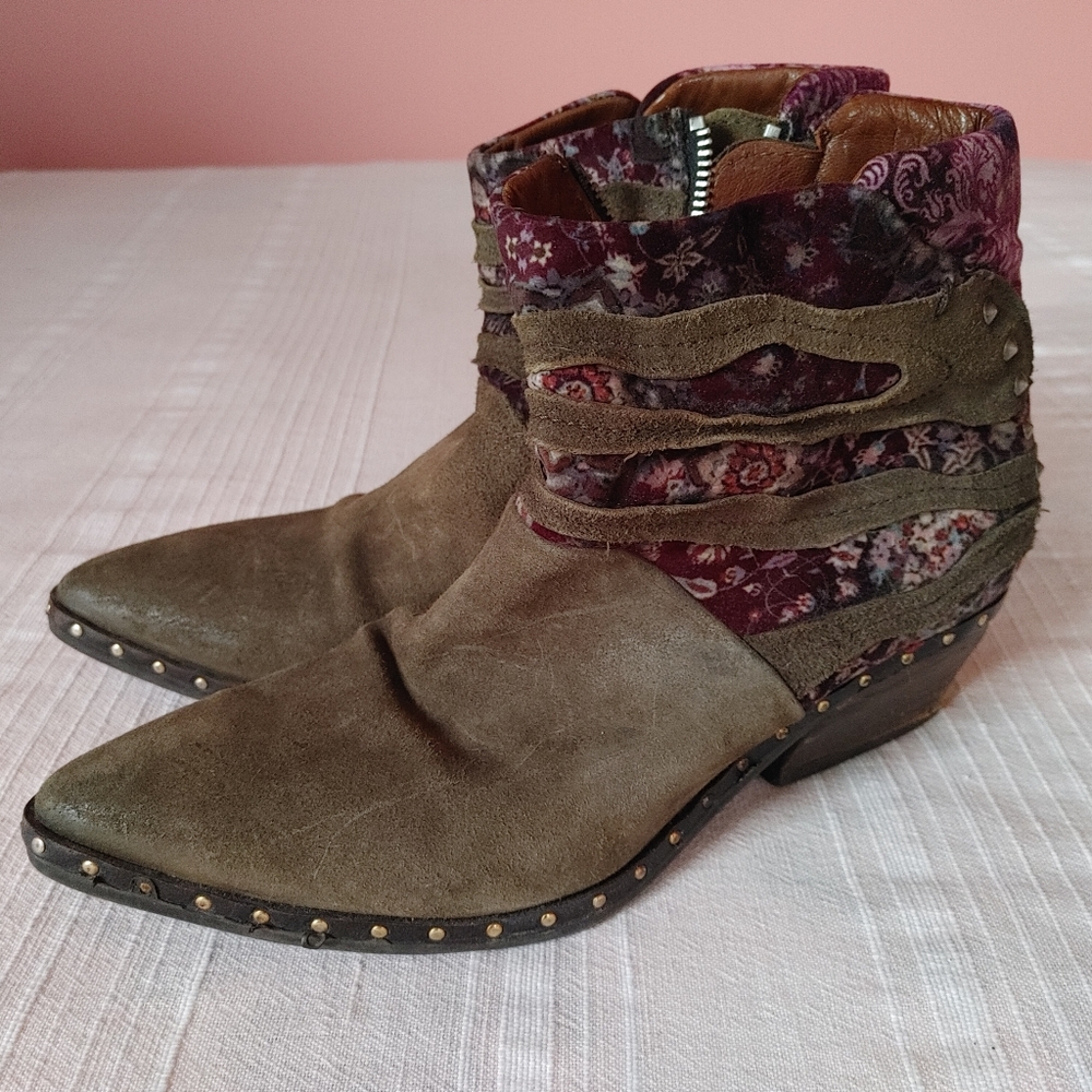 A.S.98 Women's Olive Suede Ankle Boots with Floral Accent - Picture 2 of 6